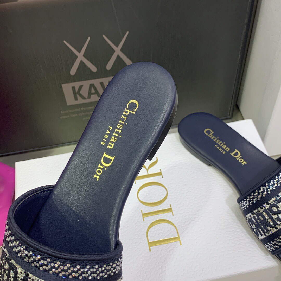 Dior Women's Shoes Dway Slide Diamond Embroidered KCQ166ERC Navy blue