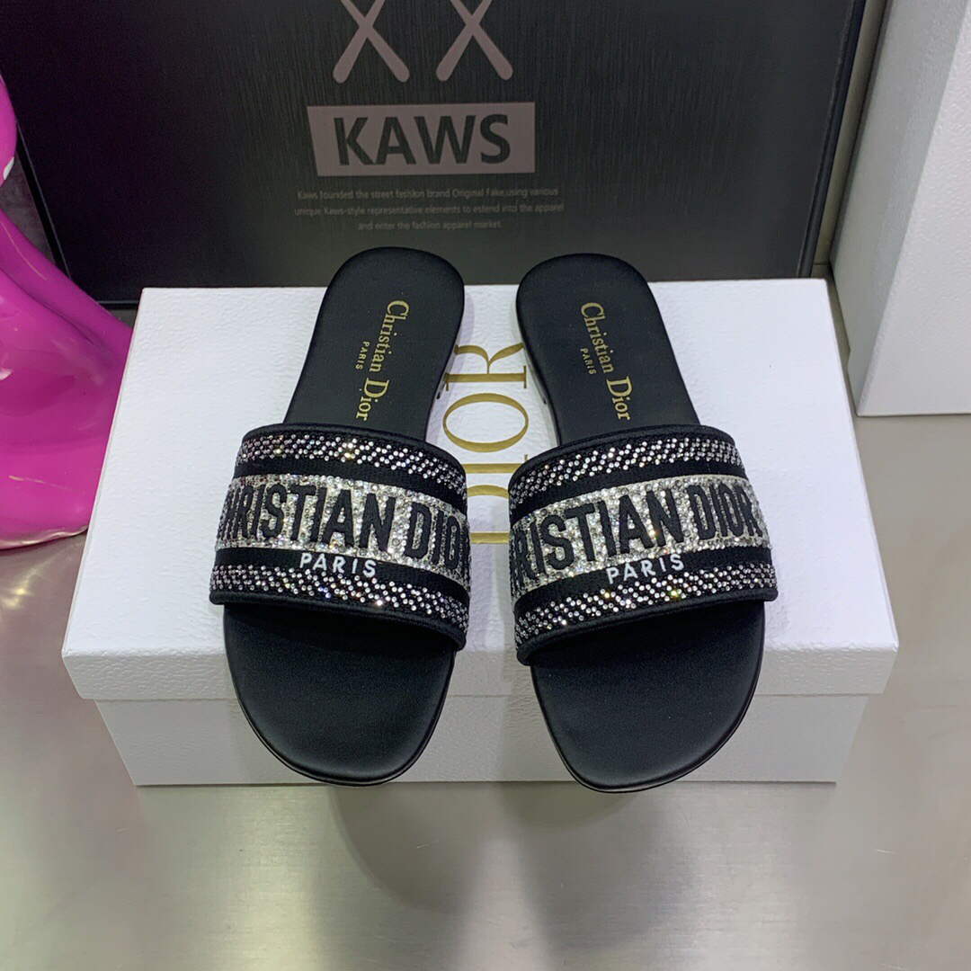 Dior Women's Shoes Dway Slide Diamond Embroidered KCQ166ERC Black
