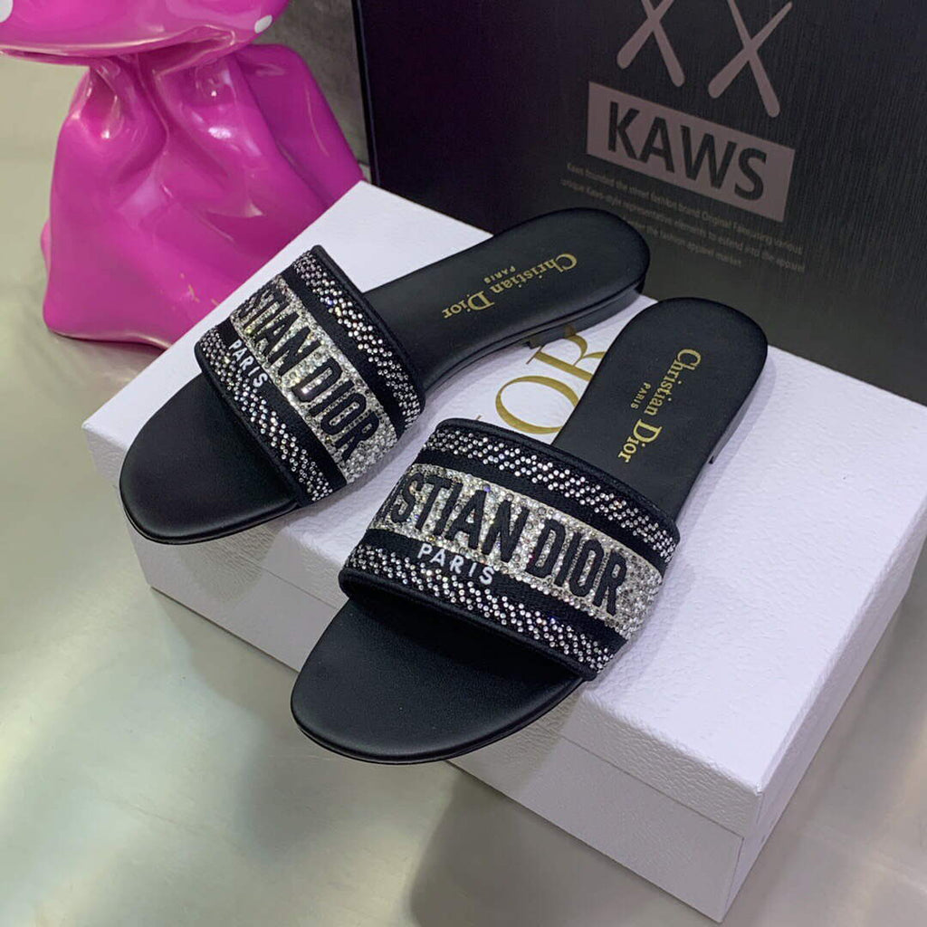 Dior Women's Shoes Dway Slide Diamond Embroidered KCQ166ERC Black