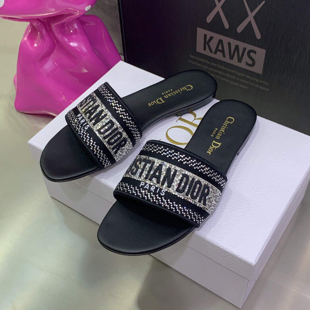 Dior Women's Shoes Dway Slide Diamond Embroidered KCQ166ERC Black