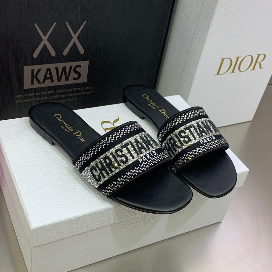 Dior Women's Shoes Dway Slide Diamond Embroidered KCQ166ERC Black