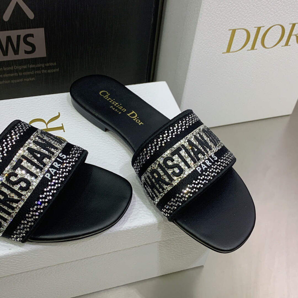 Dior Women's Shoes Dway Slide Diamond Embroidered KCQ166ERC Black