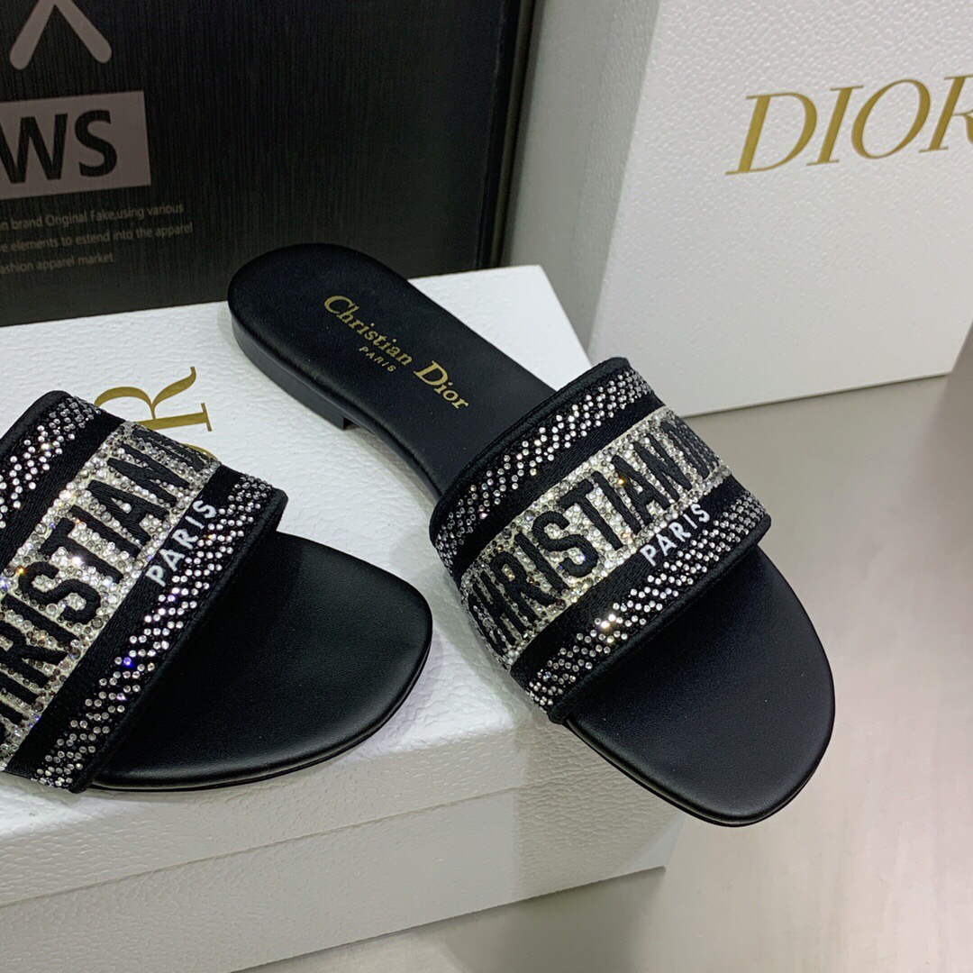 Dior Women's Shoes Dway Slide Diamond Embroidered KCQ166ERC Black