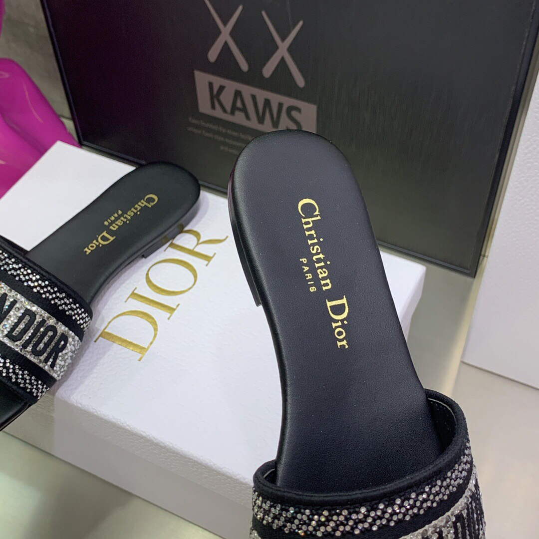 Dior Women's Shoes Dway Slide Diamond Embroidered KCQ166ERC Black