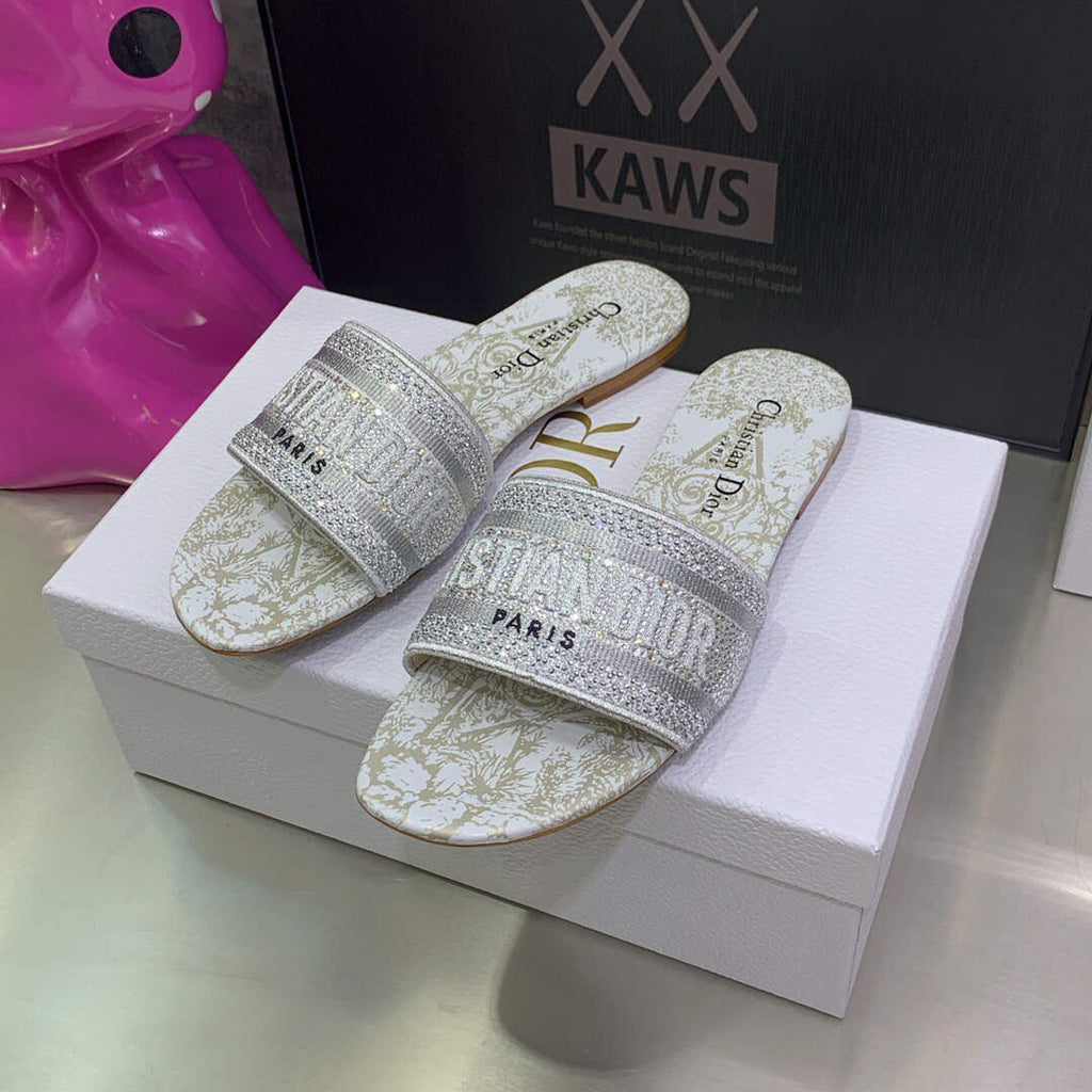 Dior Women's Shoes Diamond Embroidered Dway Slide KCQ209TJE Gray