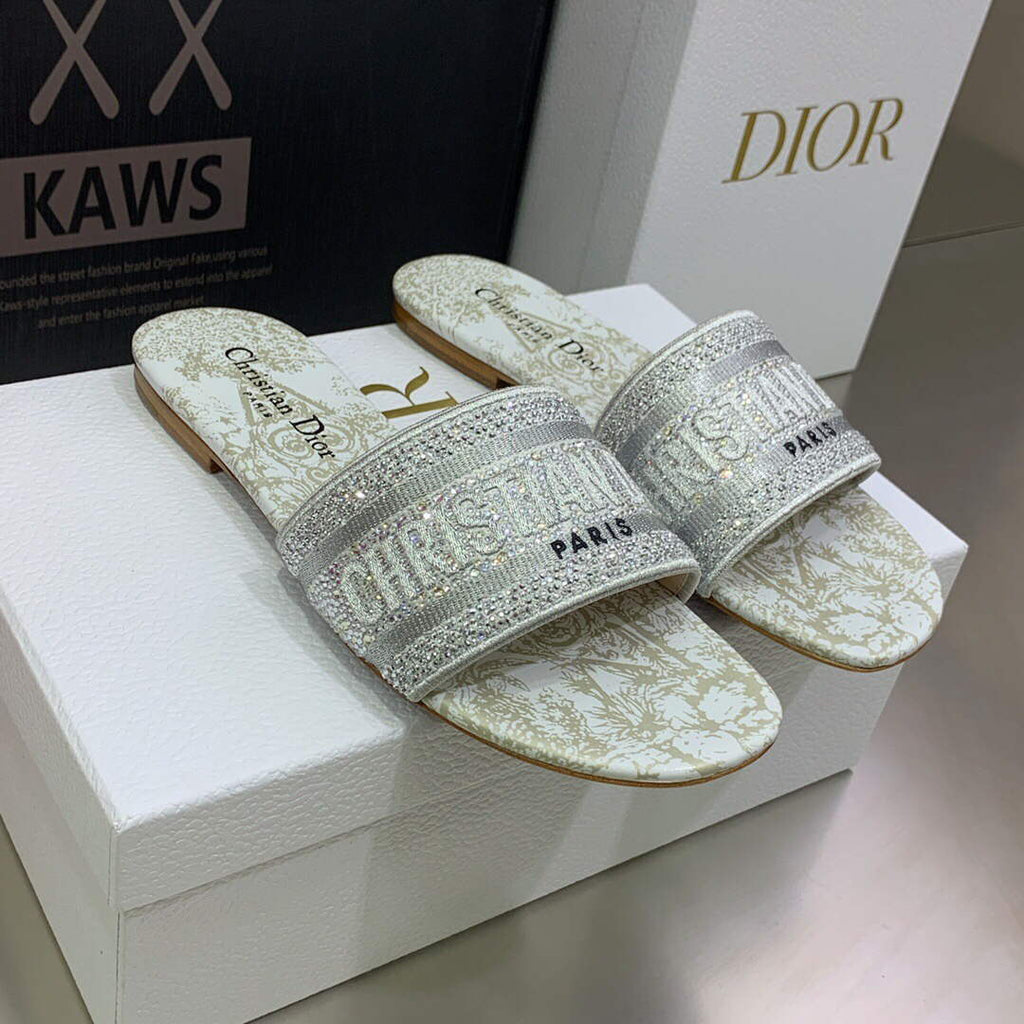 Dior Women's Shoes Diamond Embroidered Dway Slide KCQ209TJE Gray