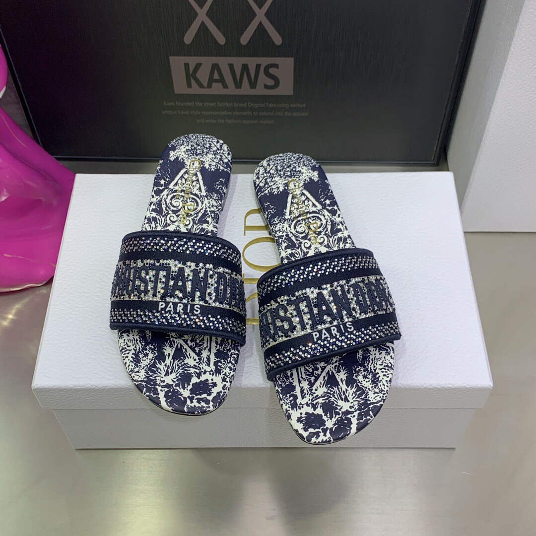 Dior Women's Shoes Diamond Embroidered Dway Slide KCQ209TJE Navy blue - 35 - View 1