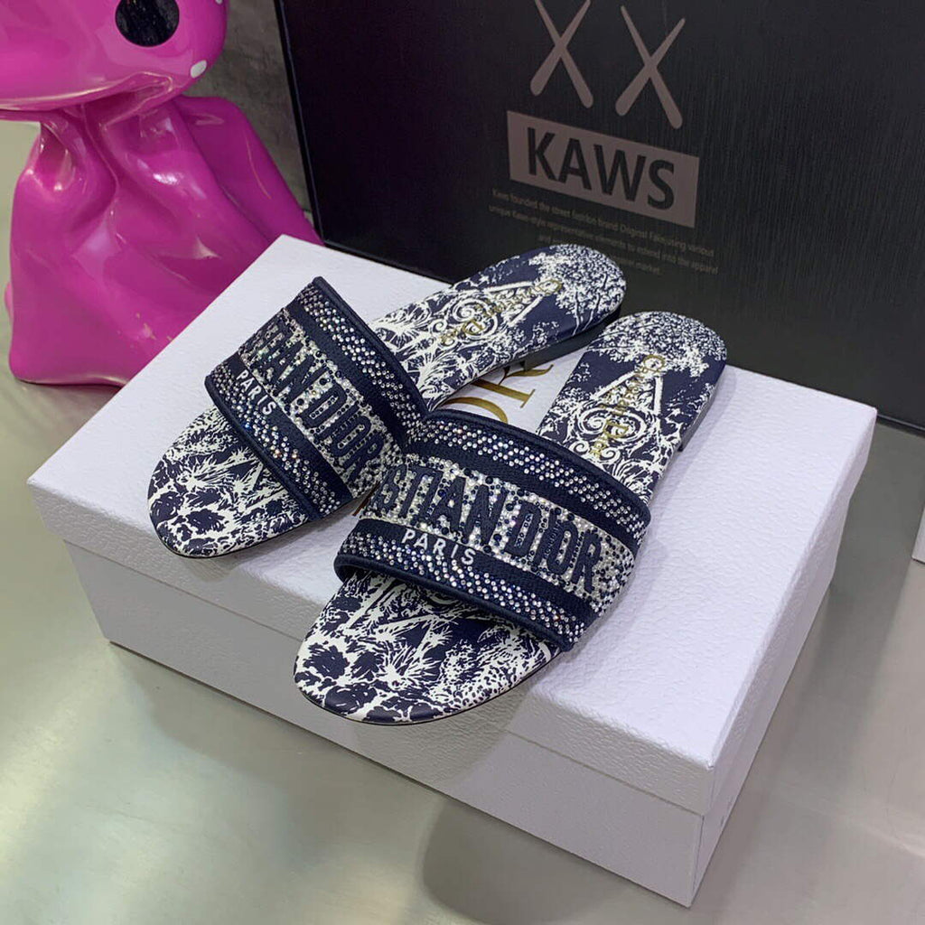 Dior Women's Shoes Diamond Embroidered Dway Slide KCQ209TJE Navy blue
