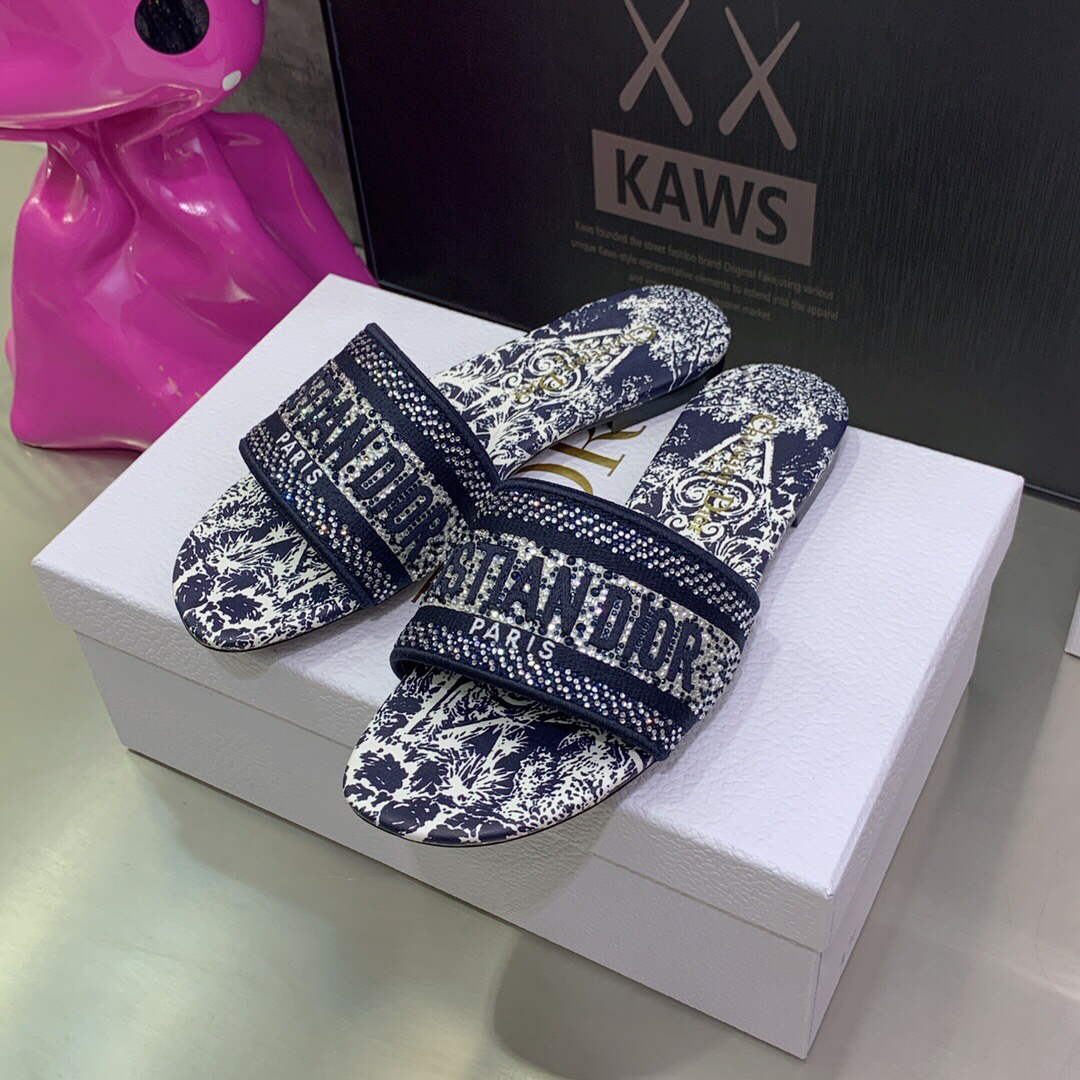 Dior Women's Shoes Diamond Embroidered Dway Slide KCQ209TJE Navy blue