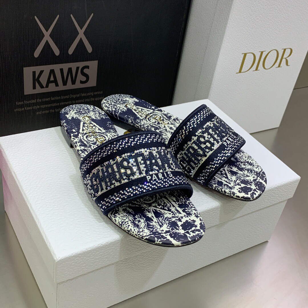Dior Women's Shoes Diamond Embroidered Dway Slide KCQ209TJE Navy blue