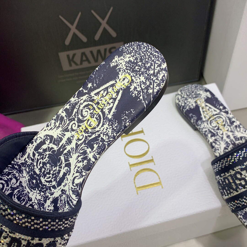 Dior Women's Shoes Diamond Embroidered Dway Slide KCQ209TJE Navy blue