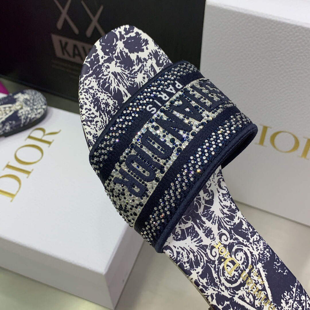 Dior Women's Shoes Diamond Embroidered Dway Slide KCQ209TJE Navy blue