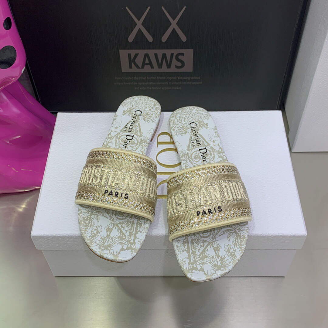 Dior Women's Shoes Diamond Embroidered Dway Slide KCQ209TJE Gold
