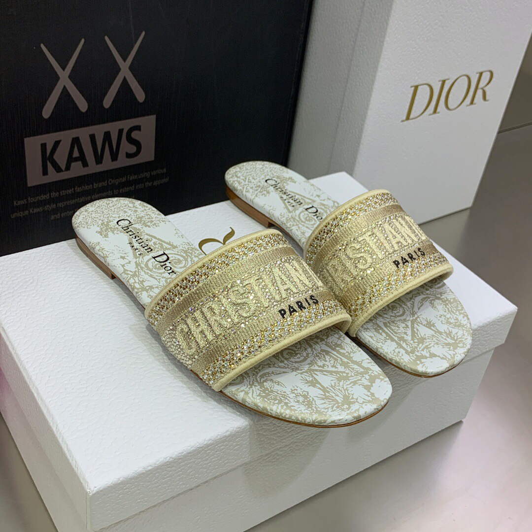 Dior Women's Shoes Diamond Embroidered Dway Slide KCQ209TJE Gold