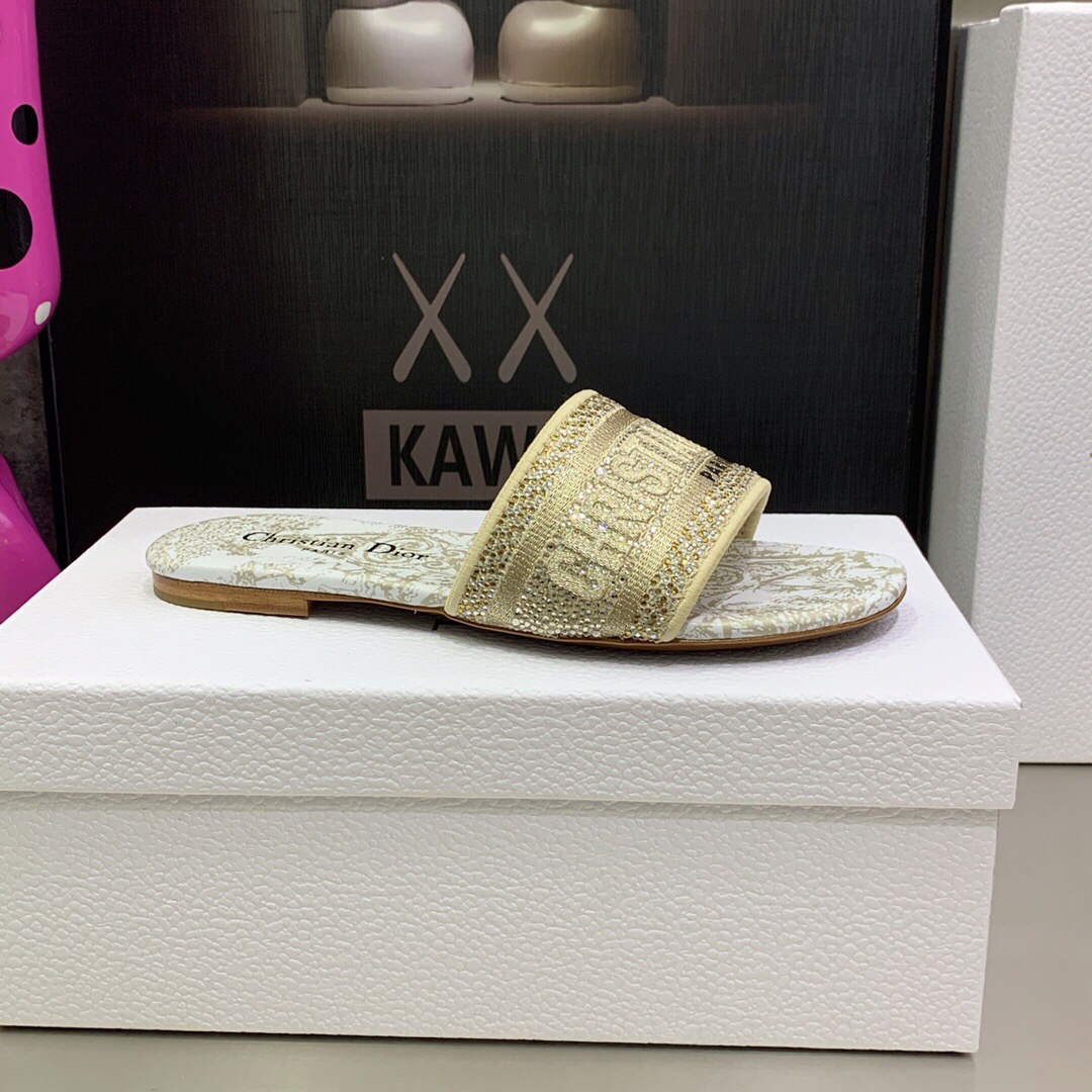 Dior Women's Shoes Diamond Embroidered Dway Slide KCQ209TJE Gold