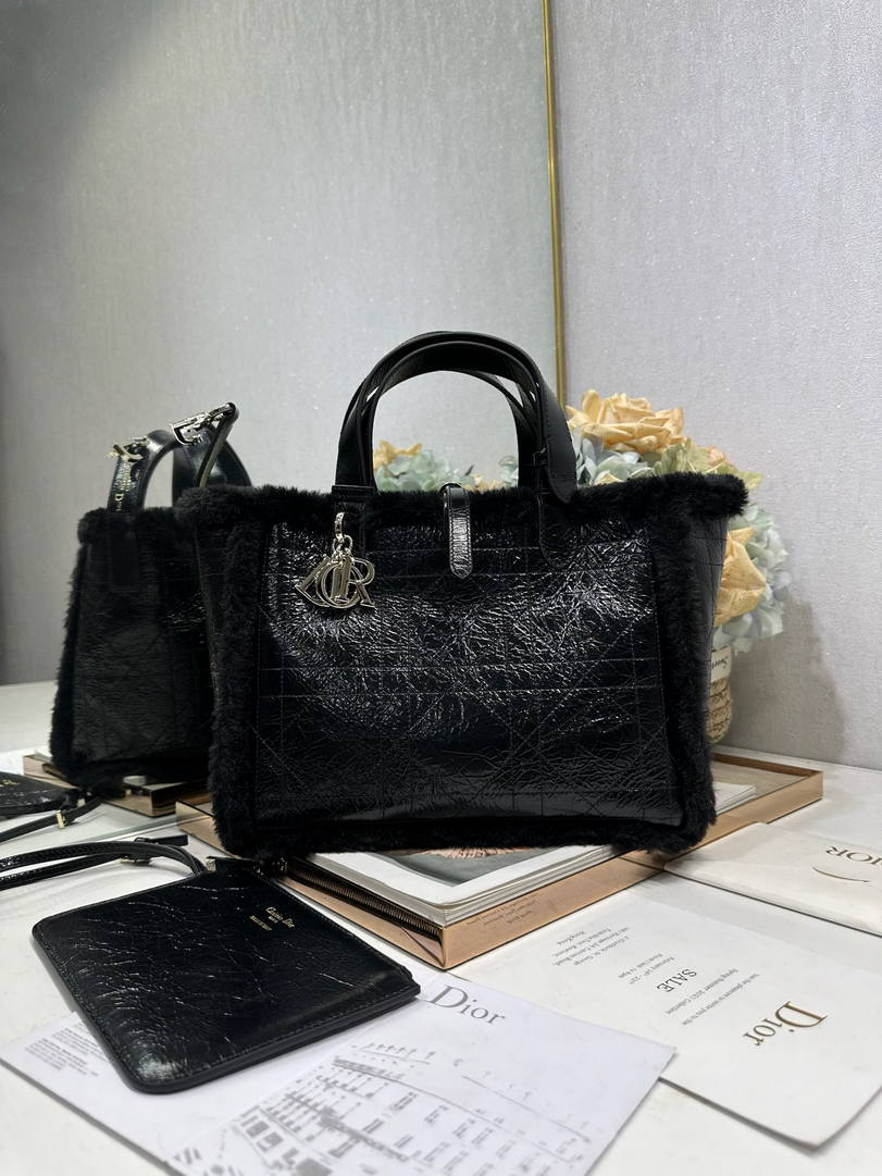 DiorAlps Medium Dior Toujours Bag Black Macrocannage Crinkled Calfskin and Merino Wool