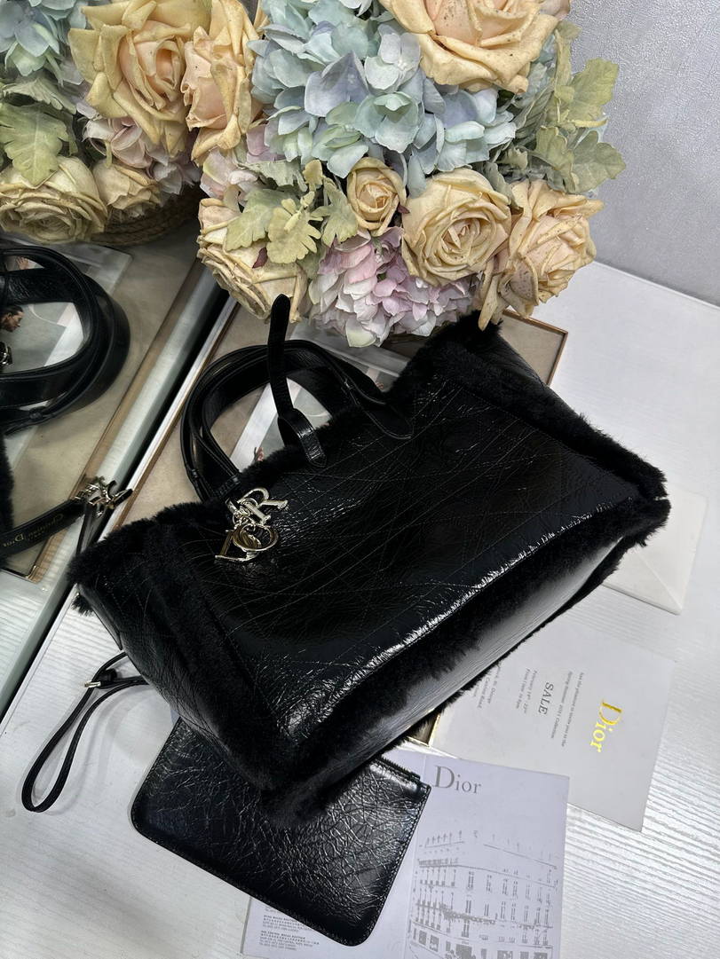 DiorAlps Medium Dior Toujours Bag Black Macrocannage Crinkled Calfskin and Merino Wool