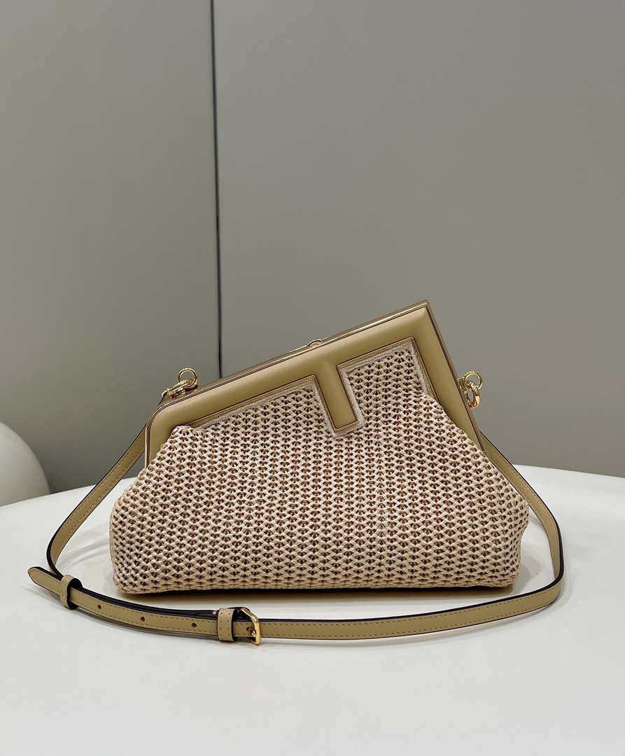 Fendi 8BP129 Fendi First Small Beige raffia macrame bag Apricot - Default Title - View 1