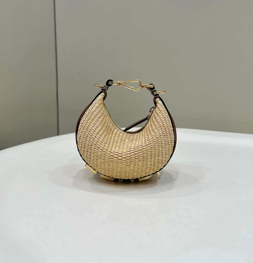 Fendi 7AS089 Nano Fendigraphy Natural Raffia and Brown leather bag 80145s