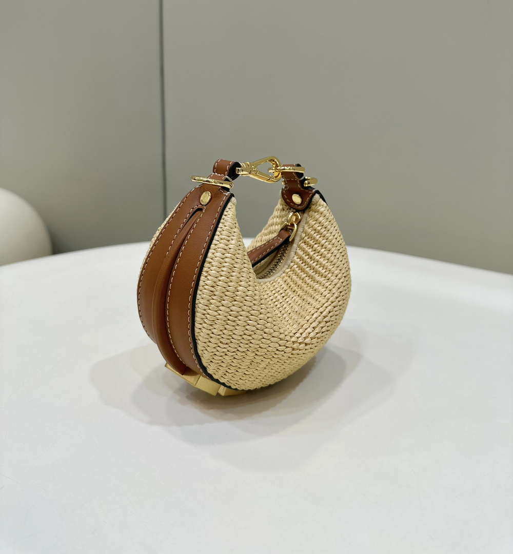 Fendi 7AS089 Nano Fendigraphy Natural Raffia and Brown leather bag 80145s