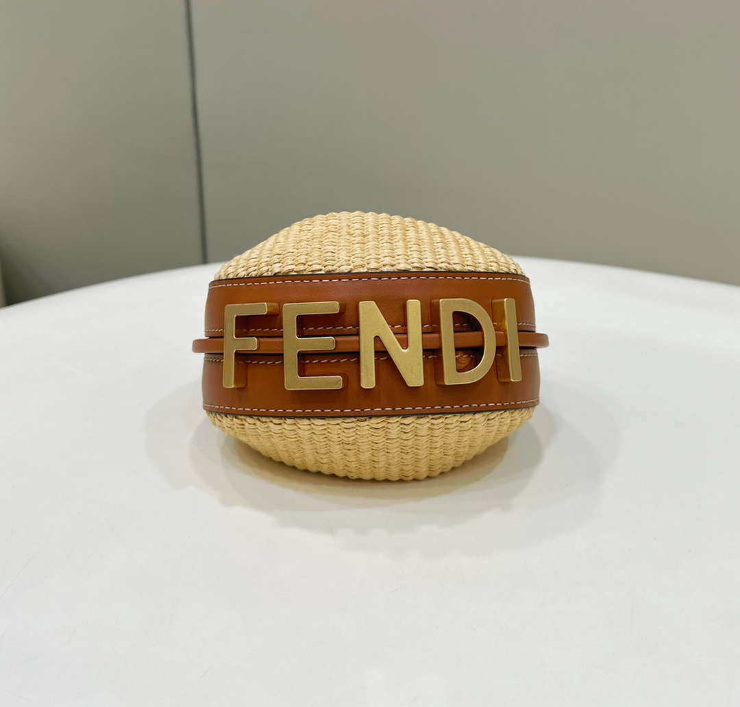 Fendi 7AS089 Nano Fendigraphy Natural Raffia and Brown leather bag 80145s