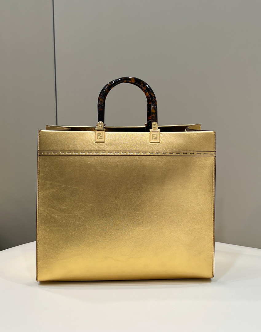 Fendi 8553 Sunshine Medium Tote Shoulder Bag 8BH386 Gold Laminated leather shopper