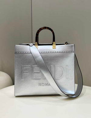 Fendi 8553 Sunshine Medium Bag 8BH386 Silver Laminated leather shopper - Default Title - View 1