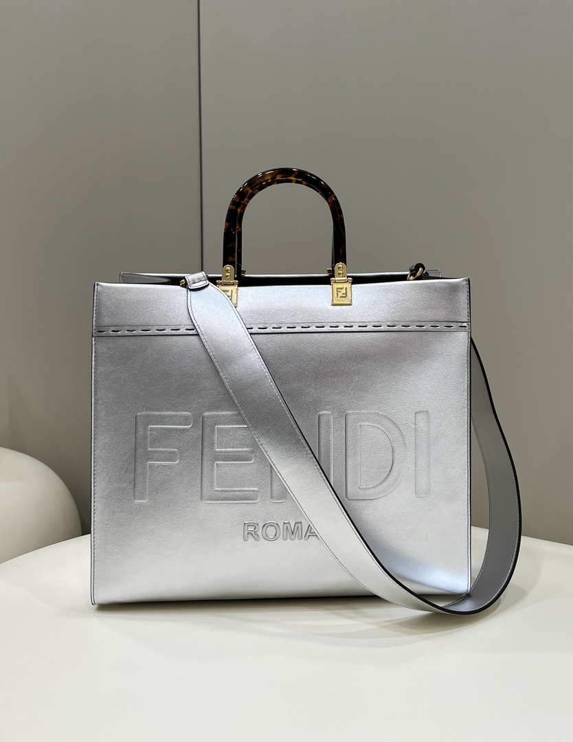 Fendi 8553 Sunshine Medium Bag 8BH386 Silver Laminated leather shopper - Default Title - View 1