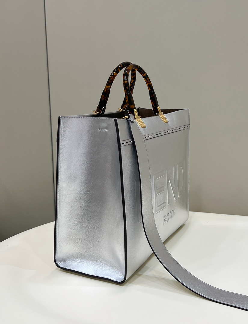 Fendi 8553 Sunshine Medium Bag 8BH386 Silver Laminated leather shopper - Default Title - View 2