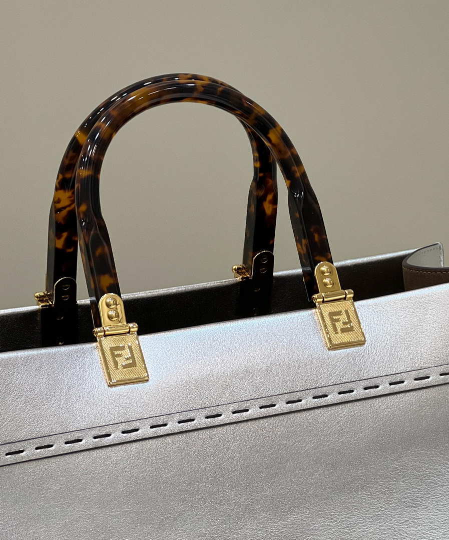 Fendi 8553 Sunshine Medium Bag 8BH386 Silver Laminated leather shopper