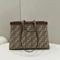 Fendi 8BH374 X-Tote Brown houndstooth wool shopper with FF embroidery 8589 - Default Title - View 1