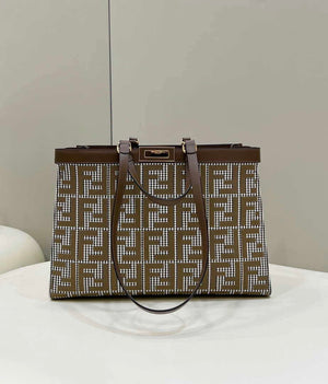 Fendi 8BH374 X-Tote Brown houndstooth wool shopper with FF embroidery 8589 - Default Title - View 1
