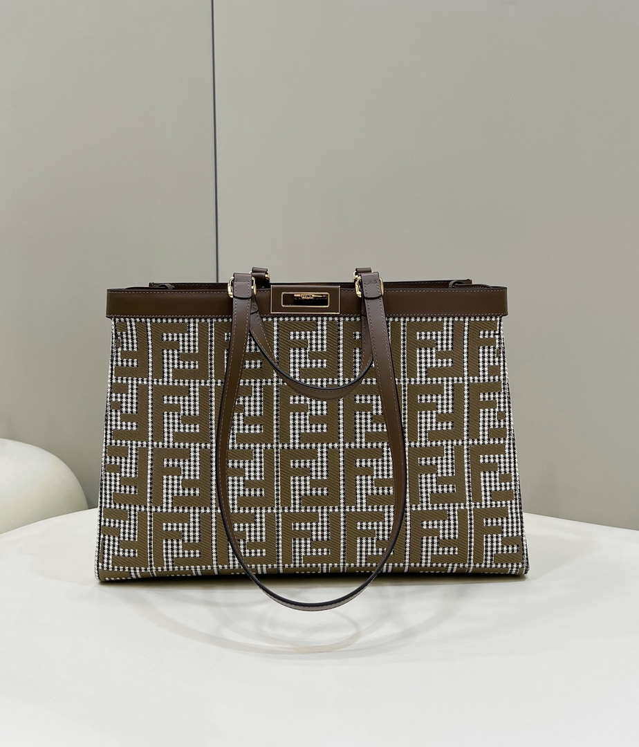 Fendi 8BH374 X-Tote Brown houndstooth wool shopper with FF embroidery 8589 - Default Title - View 1