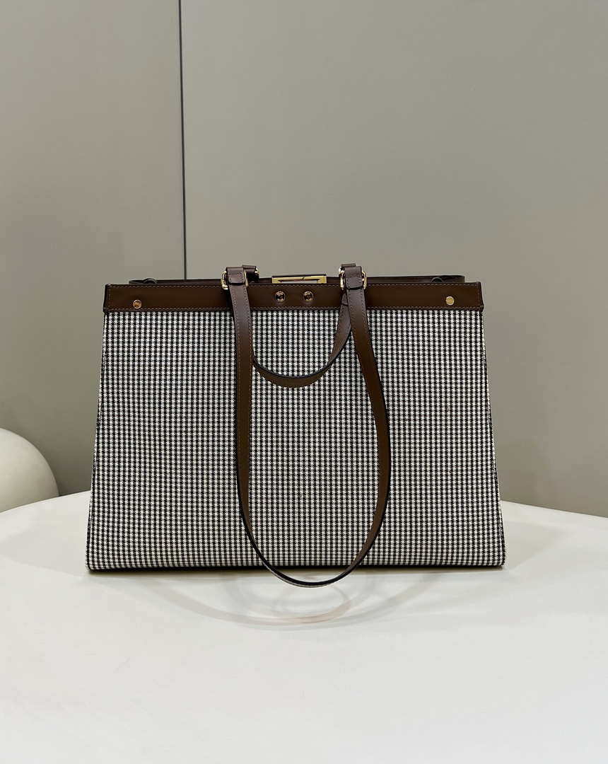 Fendi 8BH374 X-Tote Brown houndstooth wool shopper with FF embroidery 8589