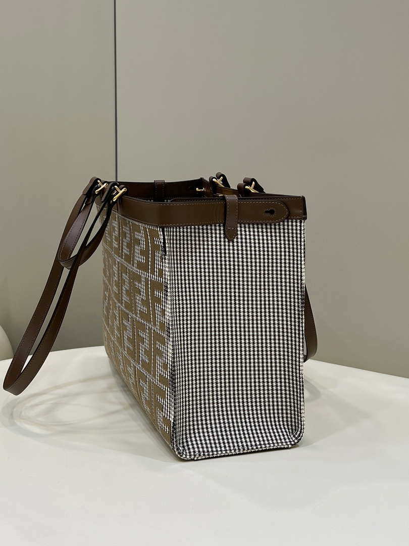 Fendi 8BH374 X-Tote Brown houndstooth wool shopper with FF embroidery 8589
