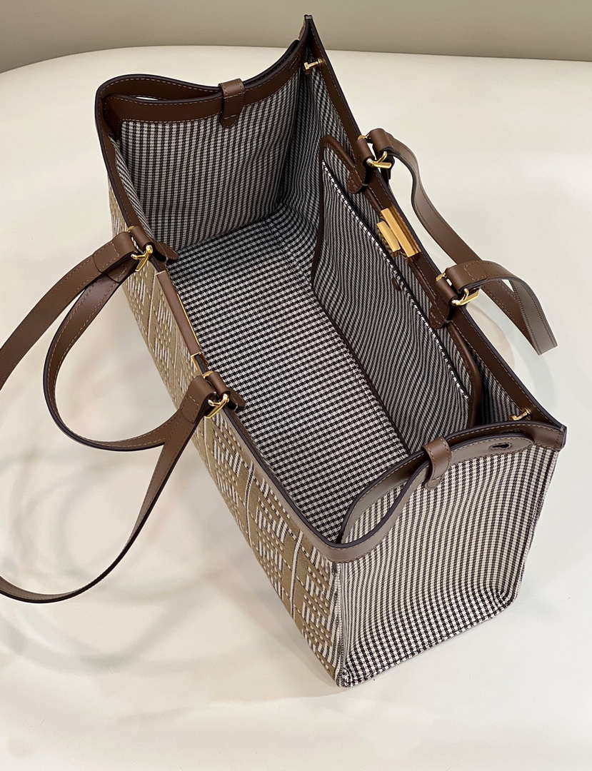 Fendi 8BH374 X-Tote Brown houndstooth wool shopper with FF embroidery 8589 - Default Title - View 9