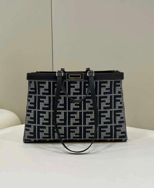 Fendi 8BH374 X-Tote Gray houndstooth wool shopper with FF embroidery - Default Title - View 1