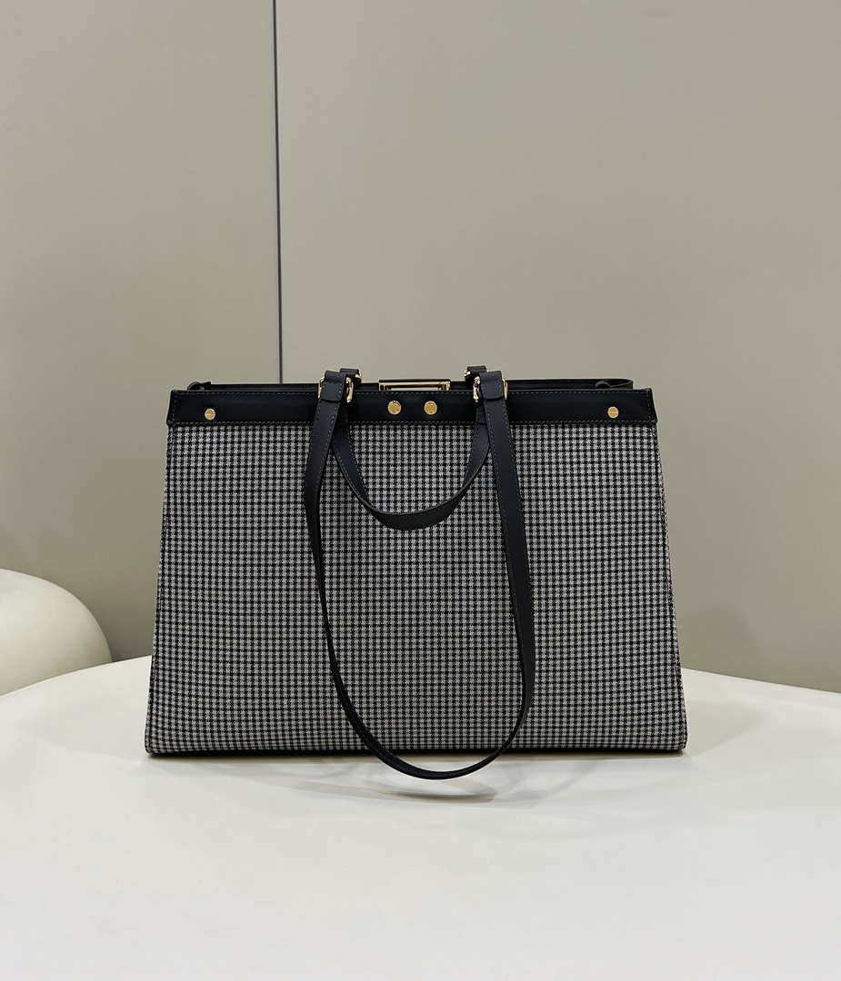 Fendi 8BH374 X-Tote Gray houndstooth wool shopper with FF embroidery