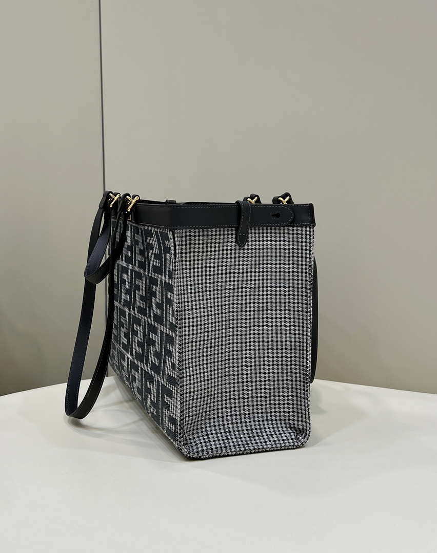Fendi 8BH374 X-Tote Gray houndstooth wool shopper with FF embroidery