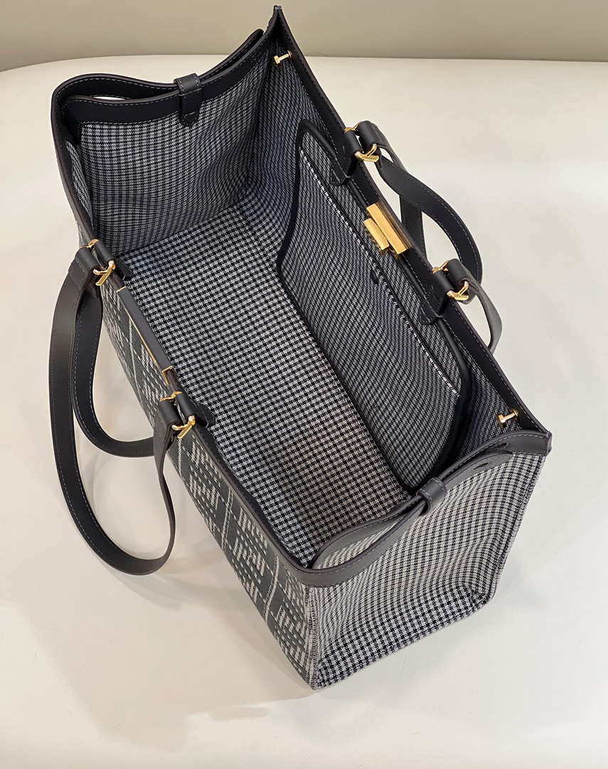 Fendi 8BH374 X-Tote Gray houndstooth wool shopper with FF embroidery - Default Title - View 9