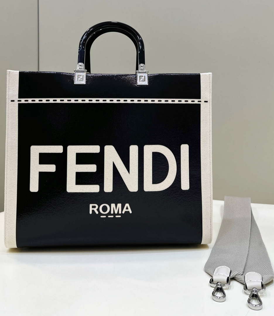 Fendi 8BH386 Fendi Sunshine Medium Blak and white leather shopper - Default Title - View 1
