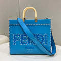Fendi 8BH386 Sunshine Medium Blue leather shopper bag with contrasting threading 80015 - Default Title - View 1