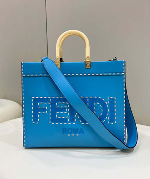 Fendi 8BH386 Sunshine Medium Blue leather shopper bag with contrasting threading 80015 - Default Title - View 1