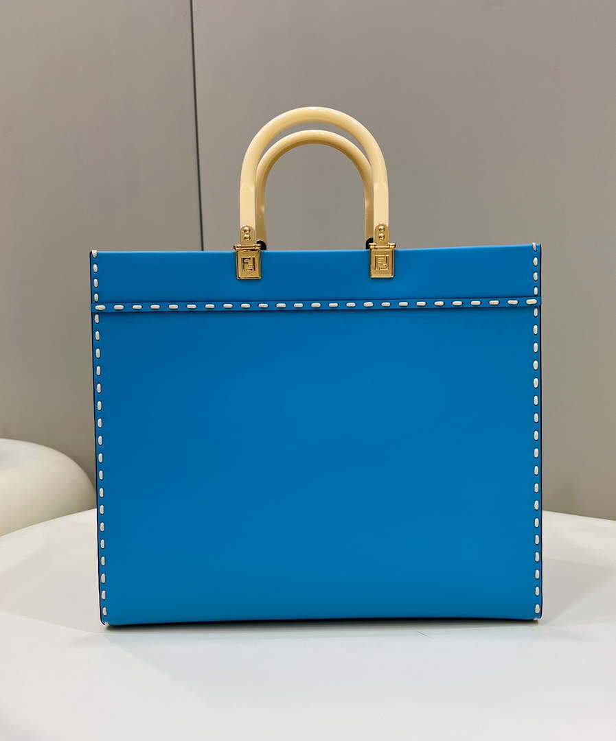 Fendi 8BH386 Sunshine Medium Blue leather shopper bag with contrasting threading 80015