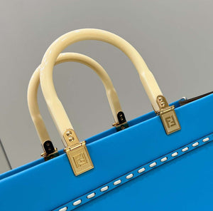 Fendi 8BH386 Sunshine Medium Blue leather shopper bag with contrasting threading 80015 - Default Title - View 6