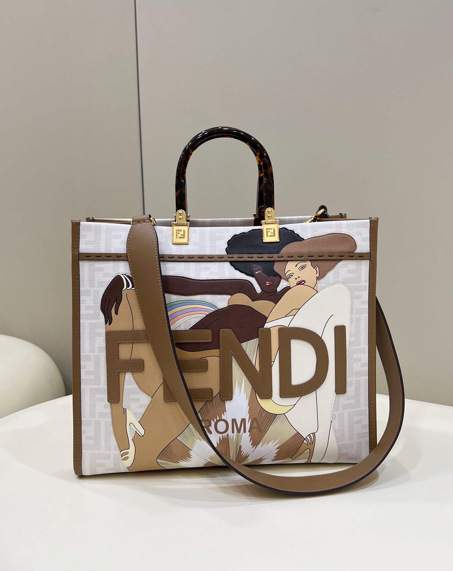 Fendi 8BH386 Sunshine Medium FF White Glazed Fabric Shopper - Default Title - View 1