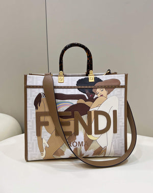 Fendi 8BH386 Sunshine Medium FF White Glazed Fabric Shopper - Default Title - View 1