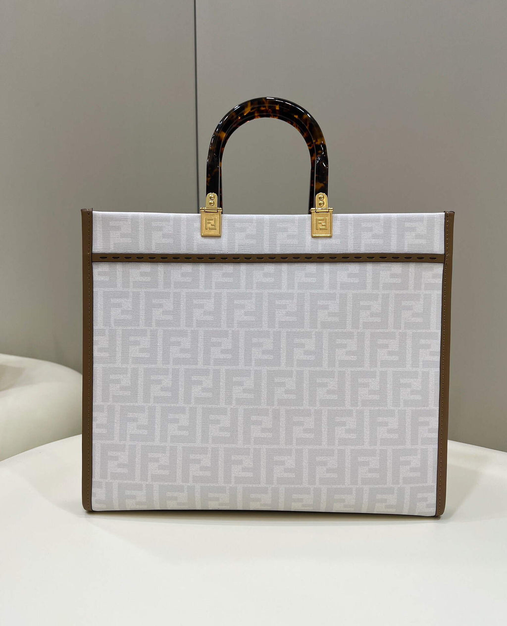 Fendi 8BH386 Sunshine Medium FF White Glazed Fabric Shopper