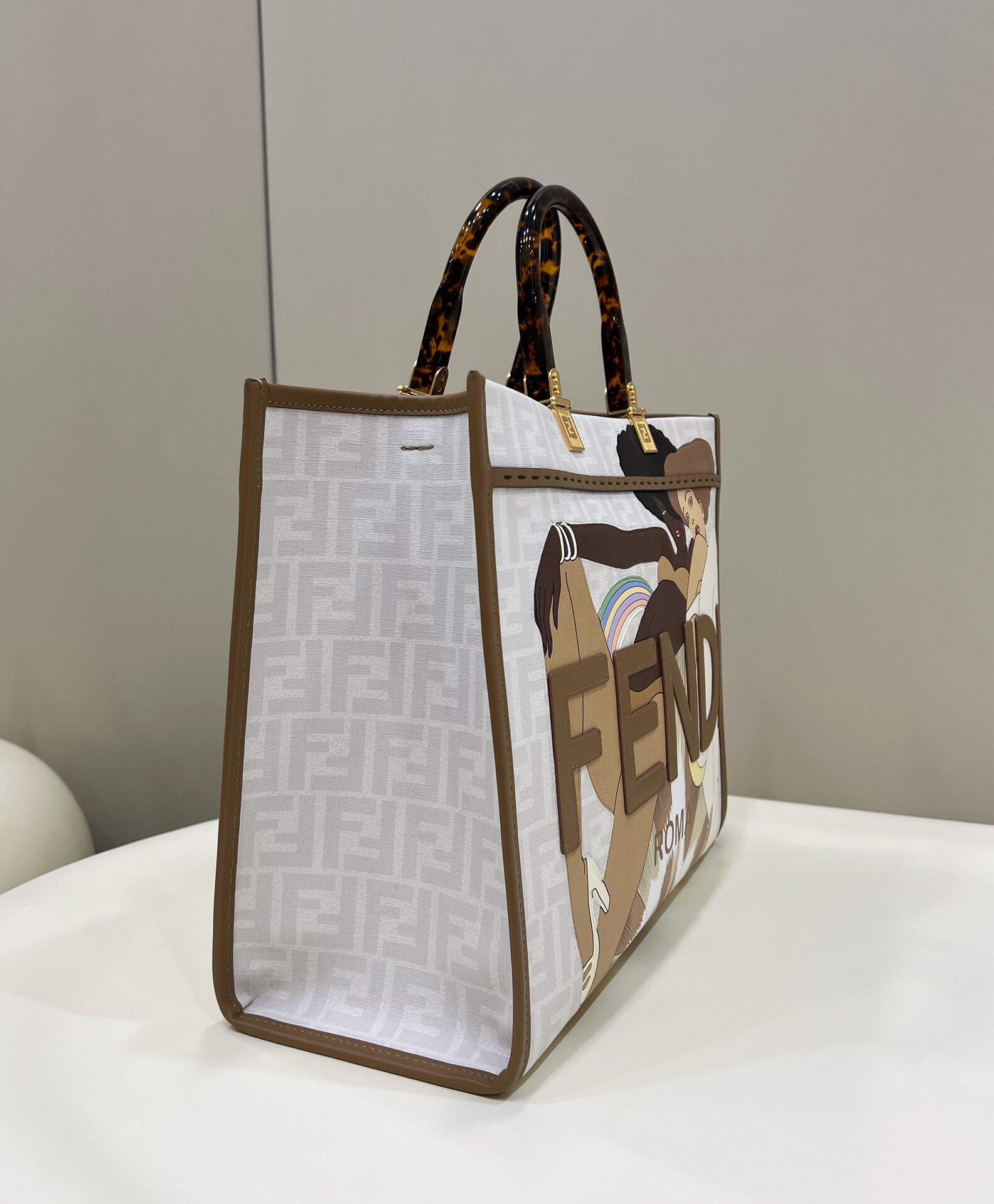 Fendi 8BH386 Sunshine Medium FF White Glazed Fabric Shopper - Default Title - View 3
