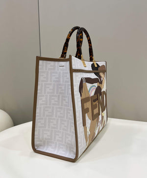 Fendi 8BH386 Sunshine Medium FF White Glazed Fabric Shopper - Default Title - View 3
